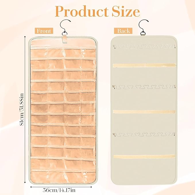 Hanging Jewelry Organizer Storage Roll with Hanger Metal Hooks Double-Sided Jewelry Holder for Earrings, Necklaces, Rings on Closet, Wall, Door, Large 14.17" x 33.07" (beige)