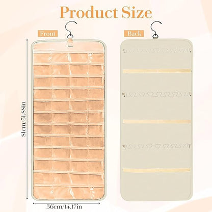 Hanging Jewelry Organizer Storage Roll with Hanger Metal Hooks Double-Sided Jewelry Holder for Earrings, Necklaces, Rings on Closet, Wall, Door, Large 14.17" x 33.07" (beige)