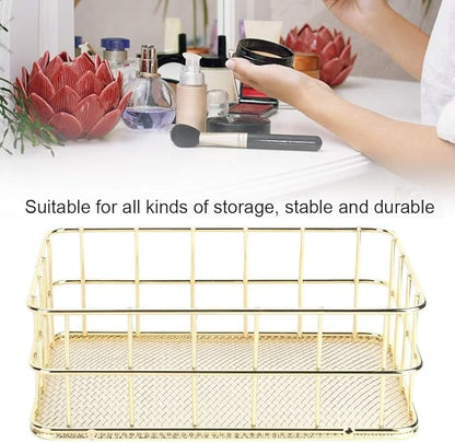 2Pcs Wire Mesh Baskets, 6.7 x 4.7 in Gold Desktop Metal Storage Basket Net Basket Storage Bins Iron Grid Storage Tray for Home Cosmetic Stationery