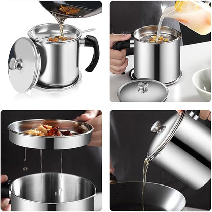 Grease Container, Bacon Grease Container with Strainer, Cooking Oil Keeper with Lid and Easy-Grip Handle (1.8L)