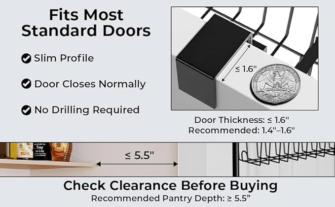 Over Door Organizer Storage - 8 Tier Black Metal Over the Door Pantry Organizer Heavy Duty Hanging Storage Rack, Behind Cabinet Shelves for Home, Kitchen, Bathroom, Closet, Pantry.