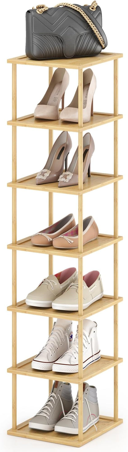 MHXW SXPN Bamboo Free Standing Shoe Rack Shelf Multi Tier Tall Wooden Stackable Shoes Rack Organizer for Closet Front Door Entrance Narrow Vertical Shoe Storage (Bamboo, 7 Tiers)