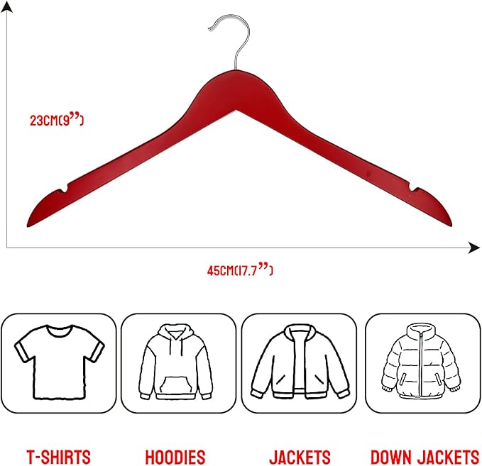 Passionate Red Wooden Hangers 20 Pack for Adults Heavy Duty Non-Slip Clothes Hangers, Colorful Wood Hangers Pack of 20 Sturdy Coat Hangers for Men Women Shirts Pants Coats Assorted Colors (RED)