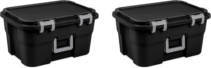 Sterilite 4 Pack Footlocker, 14 Gallon Plastic Storage Container with Latching Lid and Built-In Handles, Black - Large Stackable Bin Home Organizer