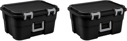 Sterilite 4 Pack Footlocker, 14 Gallon Plastic Storage Container with Latching Lid and Built-In Handles, Black - Large Stackable Bin Home Organizer