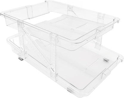 Rengue 2-Layer Rolling Soda Can Organizer Stackable Beverage Dispenser with Expandable Design for Fridge Pantry Freezer Countertop (Transparent White)