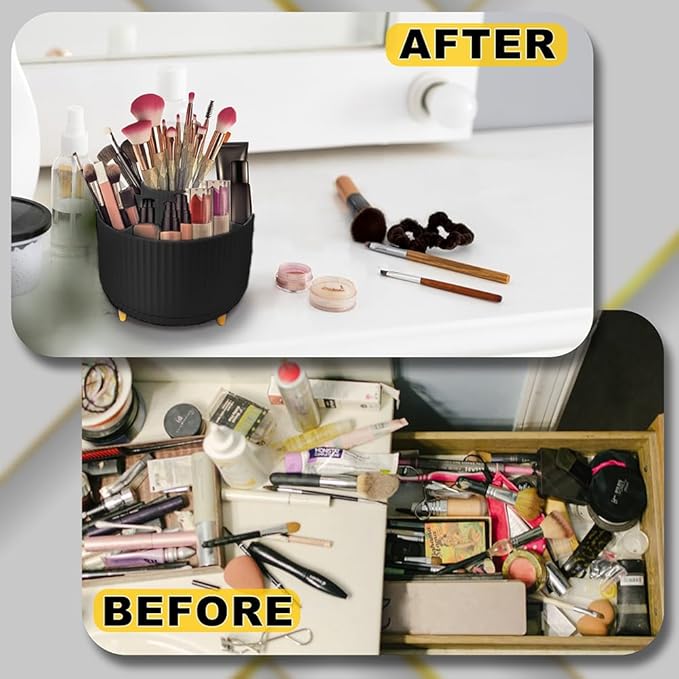 WILL OAK Makeup Brush Organizer - Large Compartment Cosmetic Organizer -Eyeliner, Nail Polish,Art Supply, Bathroom Vanity Desktop Organizer (Black)