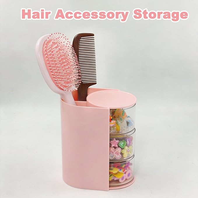 3-Tier Hair Accessories Organizer with Hair Brush Holder, Rotatable Makeup Brush Holder for Necklaces, Earring, Bracelet, Ring, Makeup Brushes, Hair Clip and Hair Accessories(Pink)