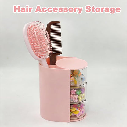 3-Tier Hair Accessories Organizer with Hair Brush Holder, Rotatable Makeup Brush Holder for Necklaces, Earring, Bracelet, Ring, Makeup Brushes, Hair Clip and Hair Accessories(Pink)