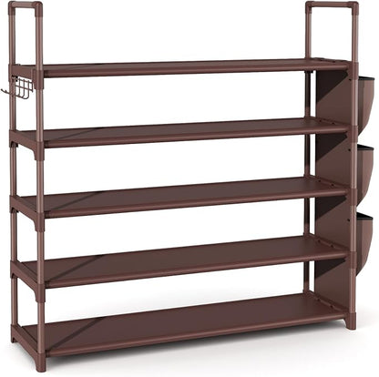 VILICK Shoe Rack for Closet Shoe Organizer Space Saver Storage for 20-25 Pair Shoe Shelf with Hook and Side Pocket Free Standing 5 Tier Shoe Rack Organizer for Entryway,Small Spaces, Brown