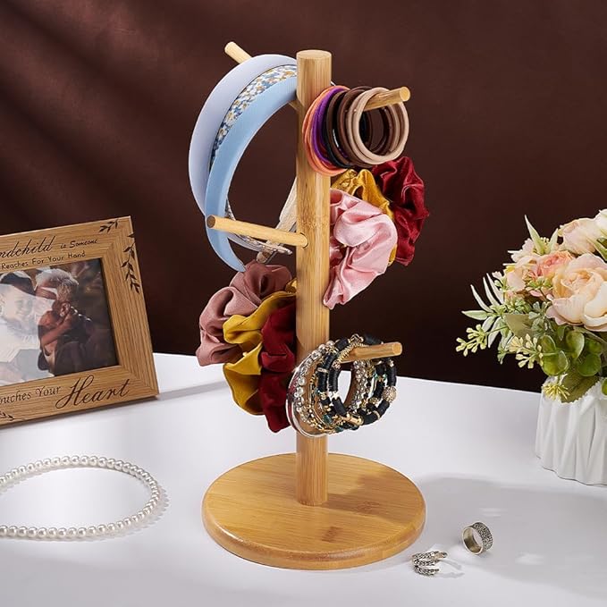 PH PandaHall Wooden Scrunchie Holder Hair Tie Headband Storage Organizer Portable Watch Holder 6 Branches Bracelet Jewellery Dresser Display Stand for Home Bedroom Housewarming Gift 14x6.3