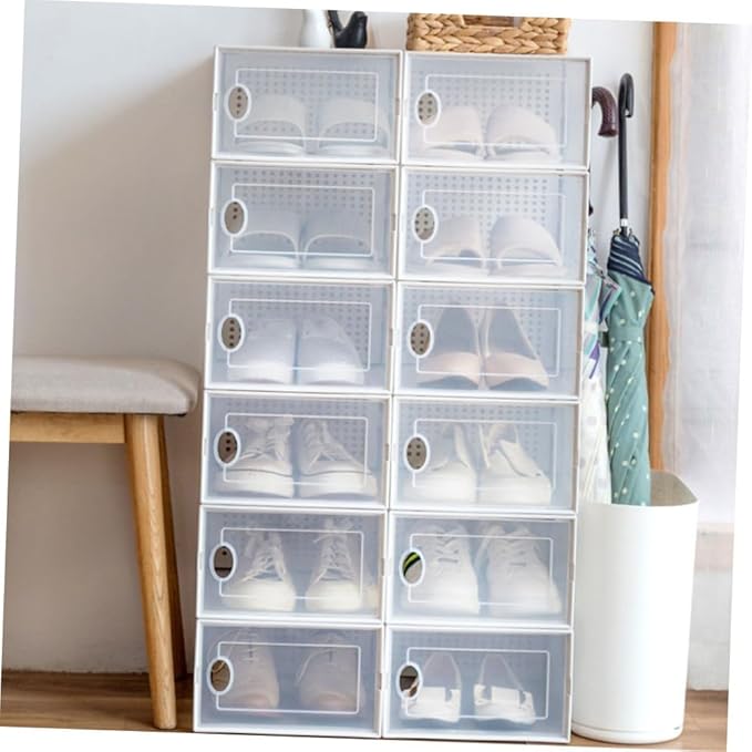 BESPORTBLE Stackable Clamshell Shoes Organizer with Dustproof Flip Cover White Plastic Shoe Storage Box for Home Closet