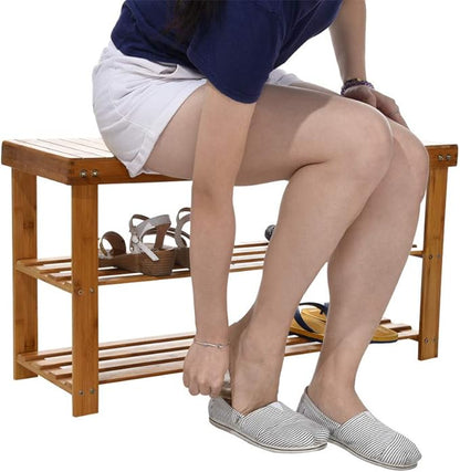 Bamboo Shoe Rack Bench 3-Tier Free Standing Wood Shoe Storage Organizer Shelf Holder Home Entryway Hallway Furniture Eco-Friendly Large Size: 34.6" L x11.1 W x 17.7" H (100% Natural Bamboo)
