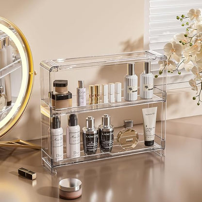 BOHOIDEE 3 Tiers Wall Acrylic Display Shelves with 2 Division Boards, Large Capactiy Acrylic Bathroom Organizer, Wall-Mounted Dustproof Makeup Organizer Storage for Bathroom, Kitchen, Room Decor
