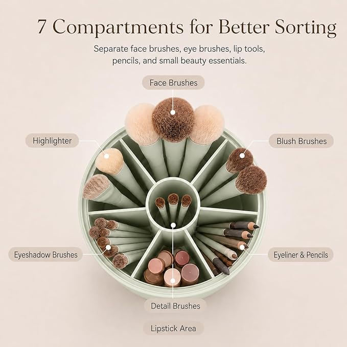 EACHY Makeup Brush Holder with Lid, 360° Rotating Vanity Organizer for Brushes, Dustproof Cosmetic Display Case, 7 Compartments, Waterproof Plastic (Green)