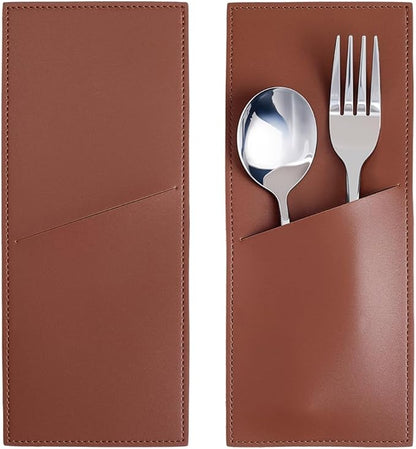 2PCS PU Leather Knife and Fork Sleeves Utensils Holder Pouch Bags Vintage Cutlery Sleeves Brown Leather Rustic Flatware Tableware Storage Place Set Organizer for Home Kitchen Table