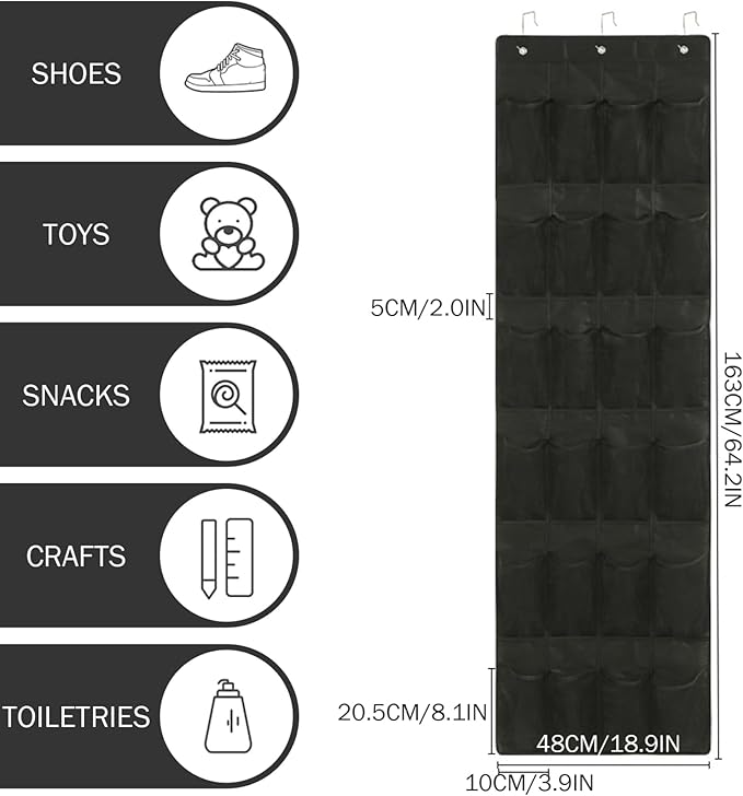 Shoe Organizer Door Hanger 24 Mesh Pocket over the Door Shoe Organizer Space Saving Hanging Storage Holder with Hooks 64x19 Inch Black