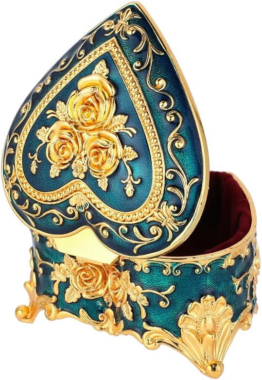 Retro Metal Jewelry Box - Heart shaped Jewelry Play Box with Rose Table Jewelry Storage Box Used for Rings Earrings Necklaces Women's Gifts Girls' Gifts (Blue)