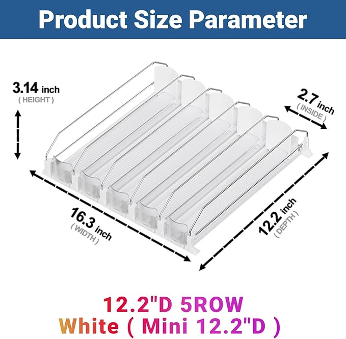 Drink Organizer for Mini Fridge (Fits Depth ≥ 12.2"), 12oz 16oz 20oz Soda Can Dispenser, Width Adjustable Automatic Pusher Glide, 12.2" D 5ROW Holds 20 Cans, White