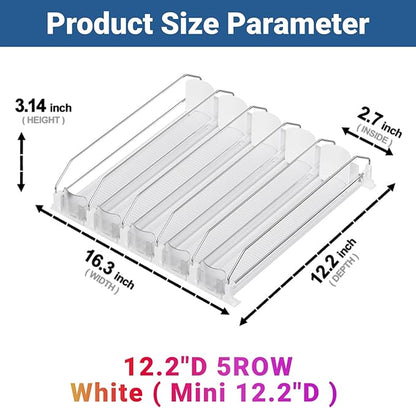 Drink Organizer for Mini Fridge (Fits Depth ≥ 12.2"), 12oz 16oz 20oz Soda Can Dispenser, Width Adjustable Automatic Pusher Glide, 12.2" D 5ROW Holds 20 Cans, White