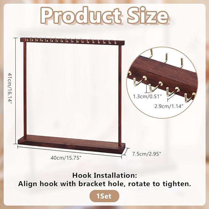 HOBBIESAY1Set Jewelry Display Stand Wood Necklace Holder with 36pcs Metal Hooks Coconut Jewelrys Organizer Hanger Jewelry Accessory Stand for Hanging Necklace Bracelet Watchs 15.75×0.94~2.95×0.67 IN