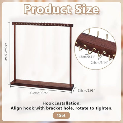 HOBBIESAY1Set Jewelry Display Stand Wood Necklace Holder with 36pcs Metal Hooks Coconut Jewelrys Organizer Hanger Jewelry Accessory Stand for Hanging Necklace Bracelet Watchs 15.75×0.94~2.95×0.67 IN