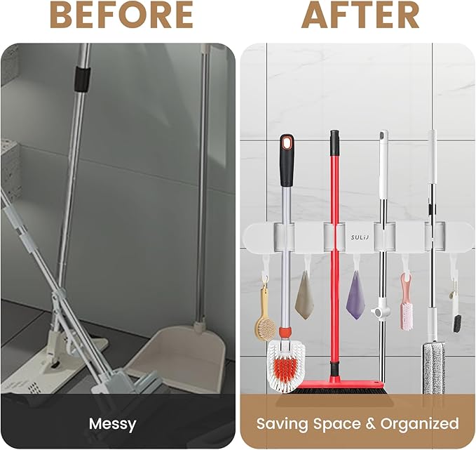 2Pcs Broom Holder Wall Mount, No-Drilling Self-Adhesive Mop and Broom Storage Rack with Hooks (4 Racks with 5 Hooks), Wall-Mounted Broom Hanger for Bathroom, Kitchen, Closet, Garage (White ﻿)