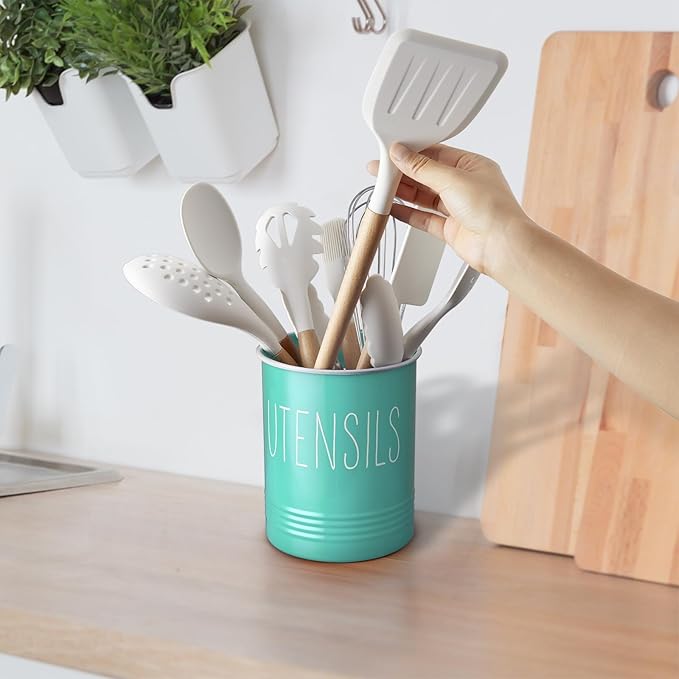 Bivvclaz Teal Kitchen Utensil Holder, 6.7" Utensil Holder for Kitchen Counter, Cooking Utensil Crock with Cork Bottom, Turquoise Decor and Accessories, Countertop Utensil Storage Caddy Organizer