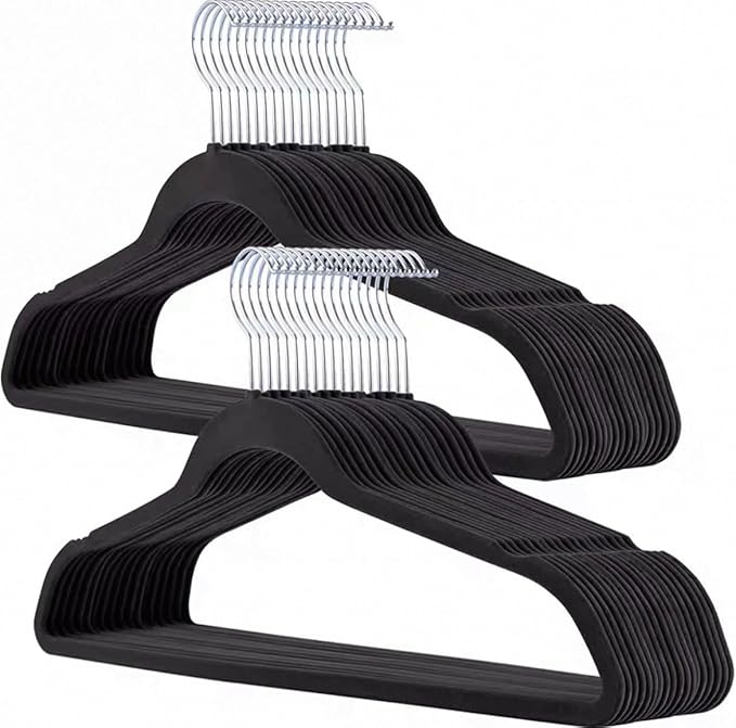 Velvet Clothing Hangers, Non Slip Ultra Slim Space Saving Design, 360 Degree Swivel Hook, Heavy Duty for Suits Coats Pants Dresses, 50 Pack Black