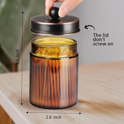Amolliar Amber Glass Qtip Holder, Apothecary Jars with Oil Rubbed Bronze Metal Lid & Stickers-Bathroom Qtip Dispenser Storage Organizer Set,Vanity Counter Canister for Cotton Swabs,Round Floss(2 Pack)