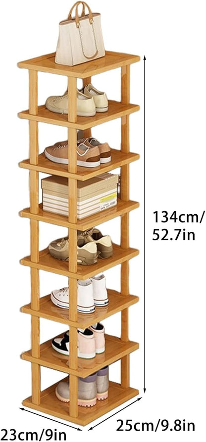 Vertical Shoe Rack - Wooden Space Saving Corner Shoe Shelf, 8 Tiers, No-Tool Need for Entryway, Closet