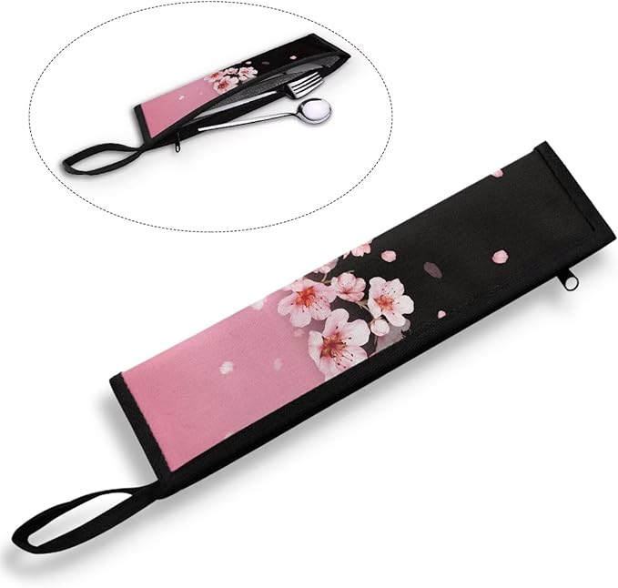 COEQINE Cherry Blossom Floral Utensil Case Reusable Portable Flatware Organzier Bag Tableware Carrying Case Chopsticks Knife Fork Spoon Straw Storage Case Zipper Bag for Cutlery Kit