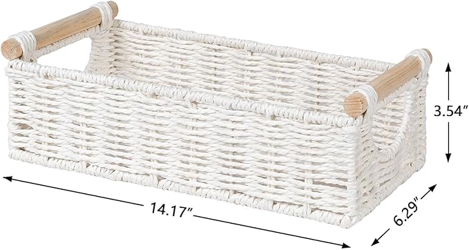 CubesLand Wicker Toilet Storage Basket Tray Organizer W/Cut Out Handle, Slim Decorative Basket for Countertop, Shelves And for Versatile Home Decor, Living Room, Nursery Organization, Cream