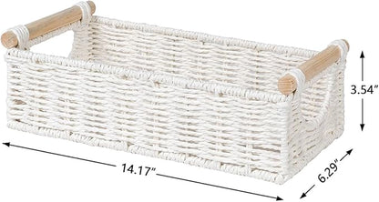 CubesLand Wicker Toilet Storage Basket Tray Organizer W/Cut Out Handle, Slim Decorative Basket for Countertop, Shelves And for Versatile Home Decor, Living Room, Nursery Organization, Cream