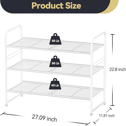 Simple Shoe Rack, 3 Tier Heavy Duty Metal Shoe Shelf 27 Inch Wide, White