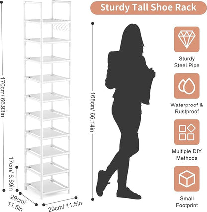 LANTEFUL Tall Narrow Shoe Rack 10-Tier Skinny Shoe Shelf Storage for 10-15 Pairs Shoes and Boots, Space Saving Corner Shoe Rack Organizer for Closet, Entryway, Garage, Living Room,White