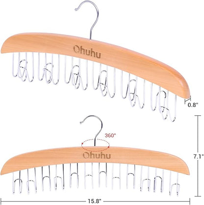 Belt Hanger Organizer for Closet: Ohuhu 2 Pack 12 Hooks Max 36 Belts Tie Rack Wooden Belt Holder for Storage 360 Degree Rotating Space Saver Organizer for Men Women Belt Tie Scarf-Burlywood