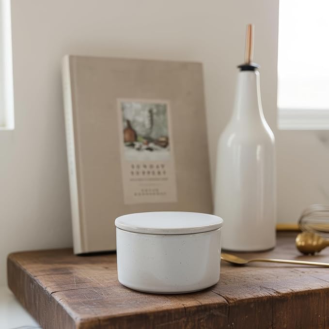 KIBAGA Beautiful Ceramic Salt Cellar with Lid - Spacious Container for Your Kitchen Countertop Keeps Salt Flakes Dry & Fresh - A Decorative Box/Holder For Any Kitchen