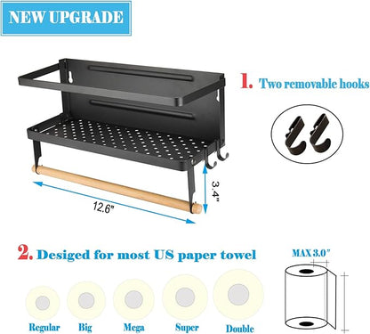 Magnetic Paper Towel Holder, 2-in-1 Magnetic Spice Rack with Hooks,Wall Mount Shelf Towel Rack for Refrigerator (Black, With hook)