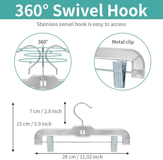 Crystal Clear Plastic Pants Hangers 20 Pack, with Strong Metal Clips, Skirts, Trousers, Trunks, Swim Suits, Teenagers, Heavy Duty, Acrylic 11 inch