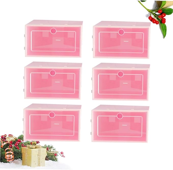 Cabilock 6PCS Pink Transparent Stackable Shoe Storage Boxes Large Thickened Plastic Containers for Closet Entryway Organizer with Door for Easy Shoe Visibility