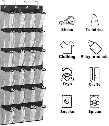 Hanging Closet Organizer, Hanging Shoe Rack, Over Door Shoe Organizer, Pantry Organizers and Storage 24 Pockets 3 Pack With Hooks (Black+White)