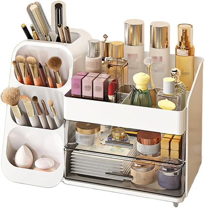 Makeup Organizer with Drawer, Skincare Products Perfume Desk Storage Box, Beauty Holder Rack for Lipstick Brush Eyeliner, Cosmetic Display Case for Dresser Countertop & Bathroom Vanity (White)