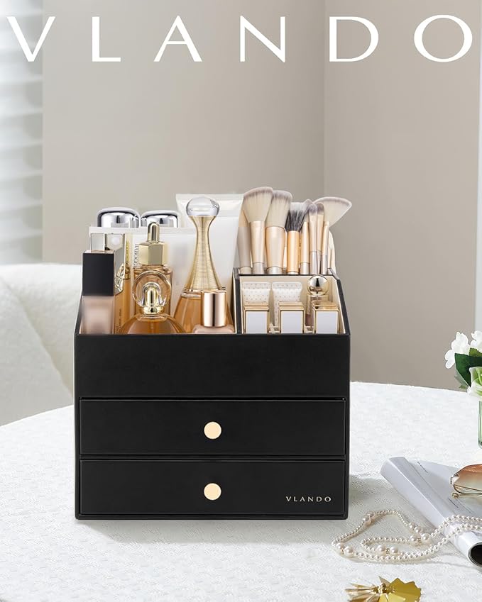 VLANDO Makeup Organizer for Vanity,Large Capacity Countertop Organizer with Drawers, PU Leather Cosmetic Display Case for Lipstick,Brushes,Skincare,Bedroom Storage (Black)