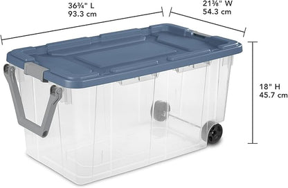 Extra Large Storage Bin, 40 Gallon Wheeled Plastic Storage Container with Handle,Pack of 2 (Clear/Blue)