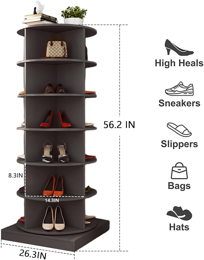 Rotating Shoe Rack Tower, 360-Degree Circular Storage Organizer for Shoes and Handbags, Vertical Space-Saving Cabinet for Entrance Hall, Independent Rotating Shoe Shelf（A-Gray）