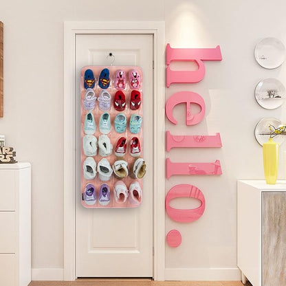 PACMAXI Over The Door Shoes Organizer for 12 Pairs of Baby Shoes Boys Girl, Hanging Baby Sole Shoe Organizer with Hanger(Felt Material-Pink)