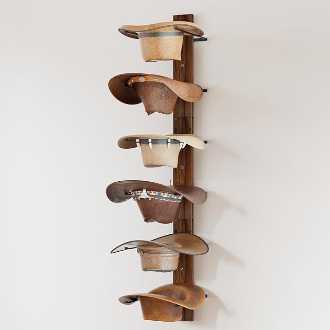 REFGY Cowboy Hat Rack for Wall, 6-Tier Solid Wood-Texture Western Hat Holder, Large Brim Hat Organizer for Wall Mount, Rustic Hat Hanger for Home Decor & Storage, Brown