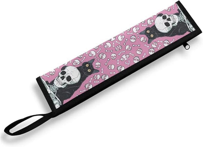 COEQINE Gothic Portable Utensils Case Pink Skull Themes Couple Skull Black Cats Utensil Holder Leaf Proof Fit 11.8 x 2.7 for Travel Picnic Outdoor Halloween Decor