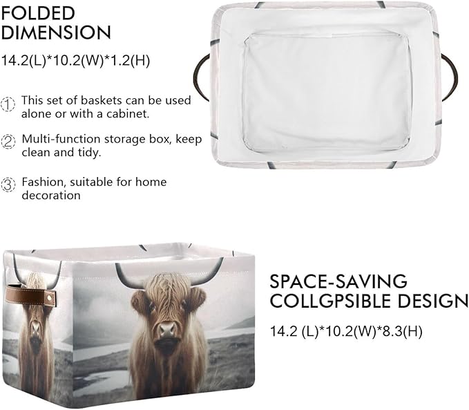 YETTASBIN Highland Cow Storage Basket 2pc, Large Collapsible Toys Clothes Organizer, Durable Canvas Storage Bin with Handle for Shelves Closet Laundry Home Office Decor